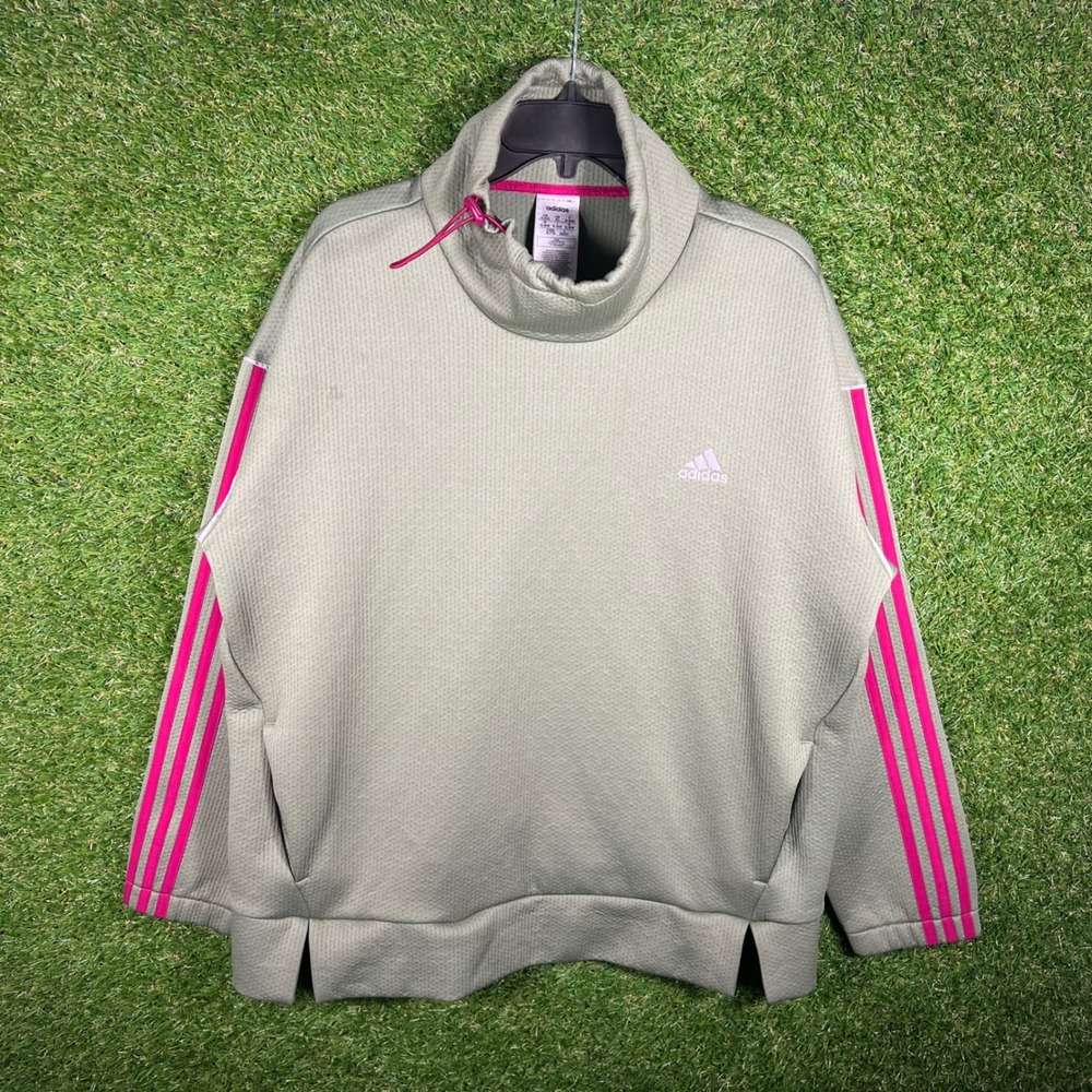 Adidas Womens XL AEROREADY Mock Neck Sweatshirt Olive Green Pink 3-Stripe 4395